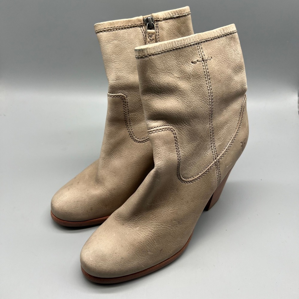 Frye Leather Ankle Boots Womens Size 8 Bone Beige Block Heel Side Zip EUC